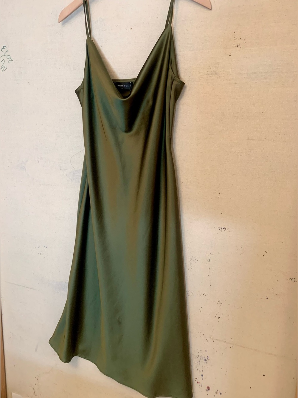 Women’s White Fox Boutique Formal Olive Green Satin Slip Midi Dress, Size Large